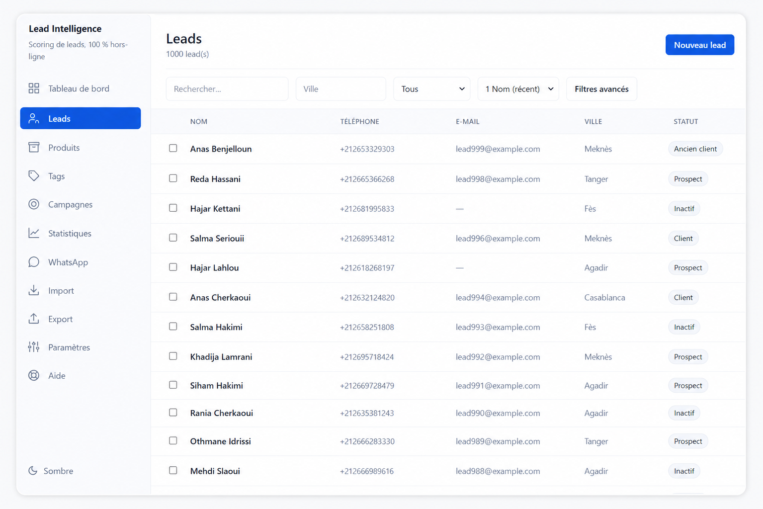 Écran Leads : liste des contacts