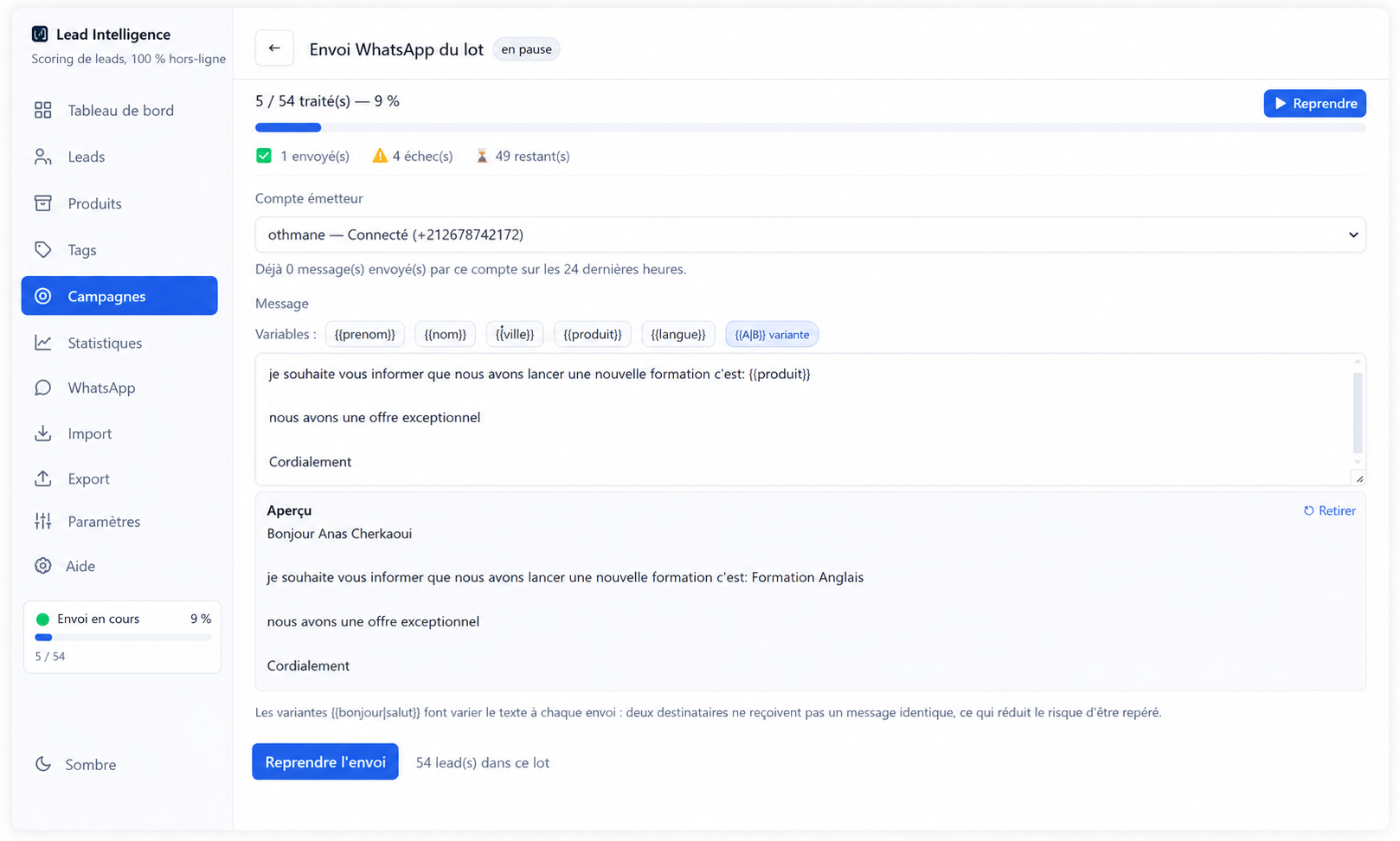Écran d'envoi WhatsApp en cours